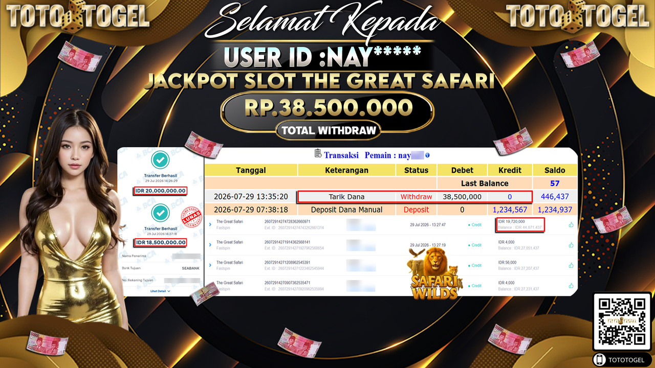 Bukti Pembayaran Jackpot SLOT THE GREAT SAFARI ID:NAY**** LUNAS
