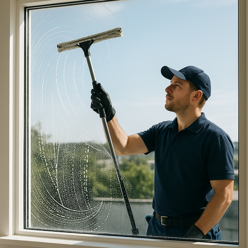 Storefront glass being cleaned