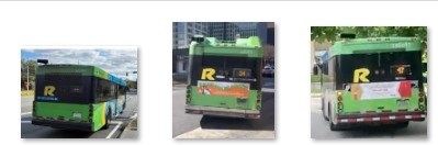 The 2009 MCDOT Ride On buses with a big yellow uppercase letter R on the back side