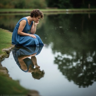 A woman kneels beside a calm pool of water, gazing at her reflection—symbolizing internal conflict, self-discovery, and the emotional mirroring often explored through side characters in fiction.
