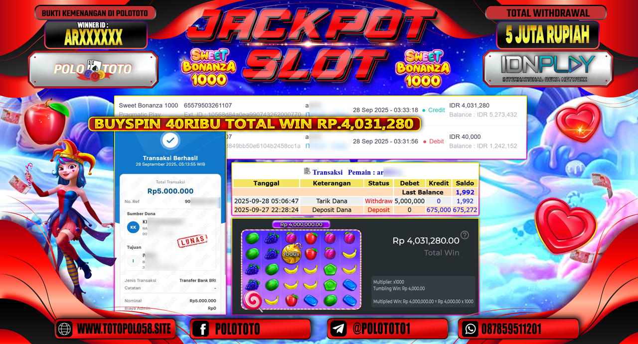 POLOTOTO JACKPOT SLOT SWEET BONANZA 1000 Rp.5.000.000,- LUNAS
