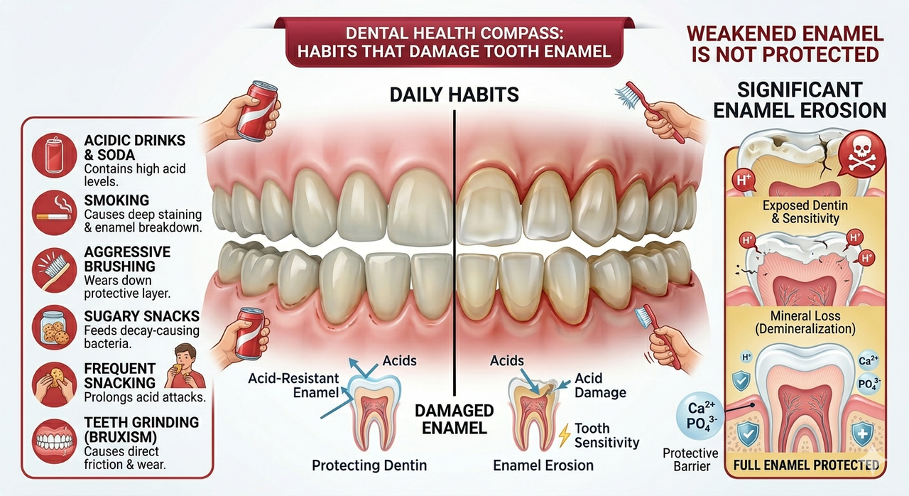 Daily habits that may damage tooth enamel including acidic drinks smoking and aggressive brushing