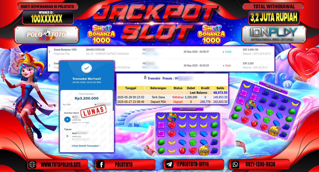 POLOTOTO JACKPOT SLOT SWEET BONANZA 1000 Rp.3.200.000,-