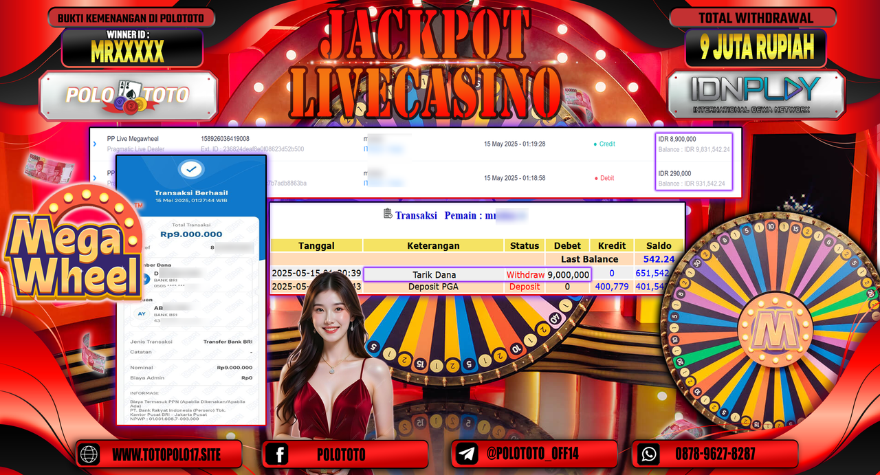 POLOTOTO JACKPOT LIVE CASINO PP LIVE MEGAWHEEL Rp.9.000.000,-