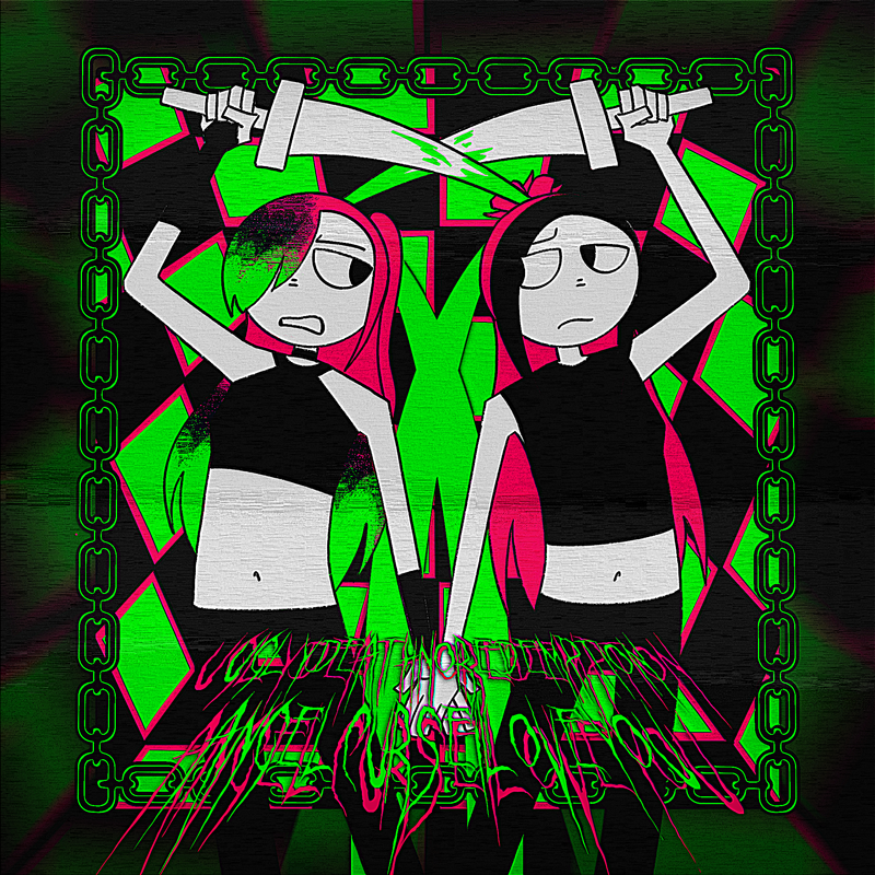 a redraw of the ugly death no redemption angel curse i love you album cover by ada rook. the two figures are kairi sane on the left and iyo sky on the right.