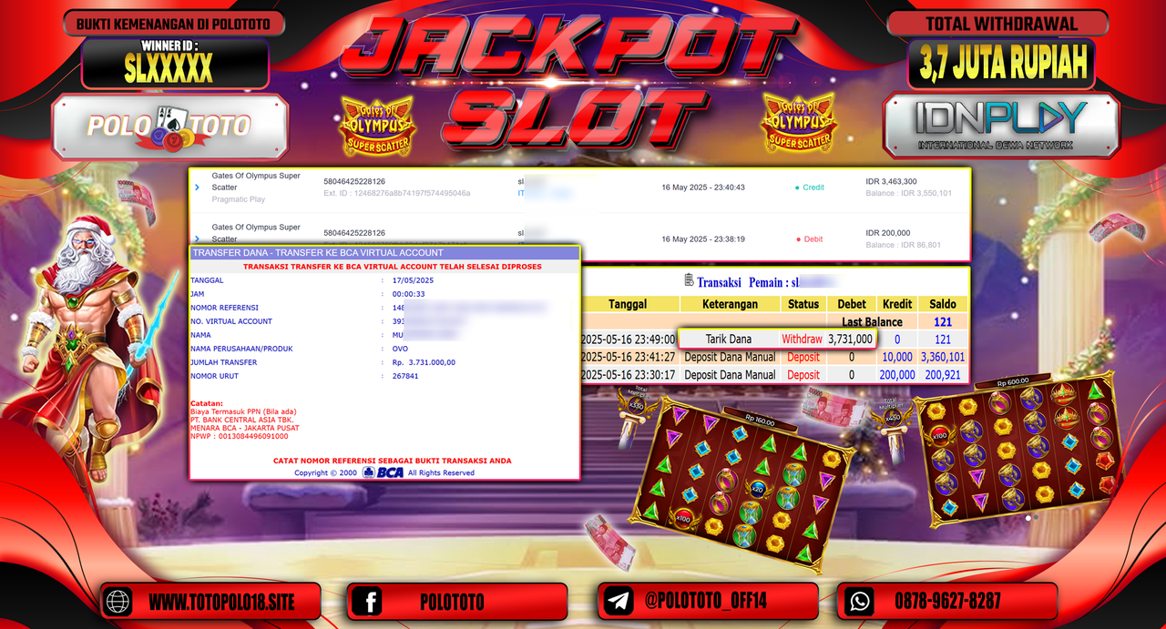 POLOTOTO JACKPOT SLOT GATES OF OLYMPUS SUPER SCATTER Rp.3.731.000,-
