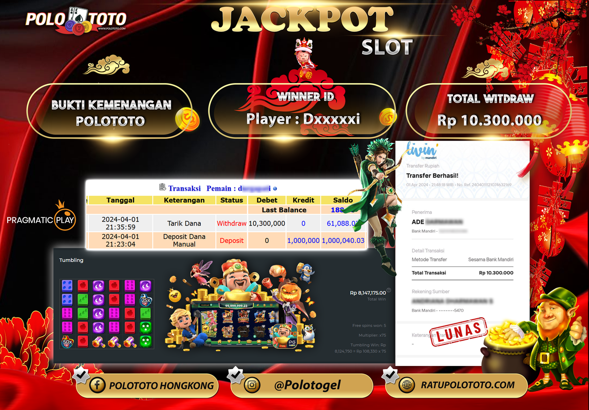POLOTOTO JACKPOT SLOT PRAMAGTIC Rp. 10.300.000,- LUNAS