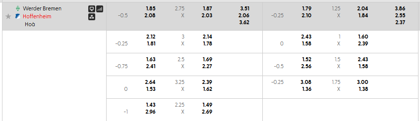 Tỷ lệ kèo châu Á Werder Bremen vs Hoffenheim