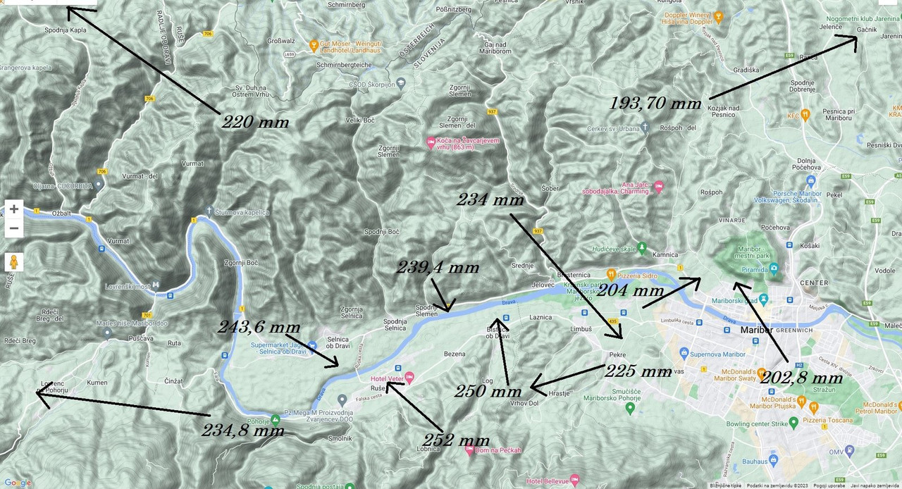 Količina padavin 1.5-22.5.2023 karta Dravska dolina z okolico