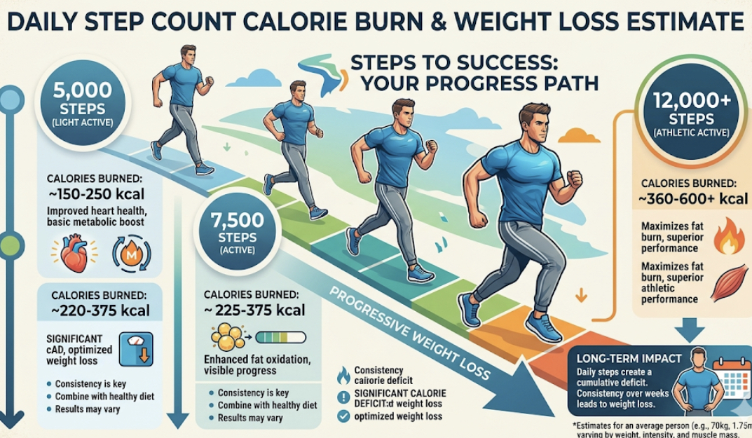 Infographic showing calories burned per step count from 5,000 to 12,000 steps, illustrating daily step count weight loss