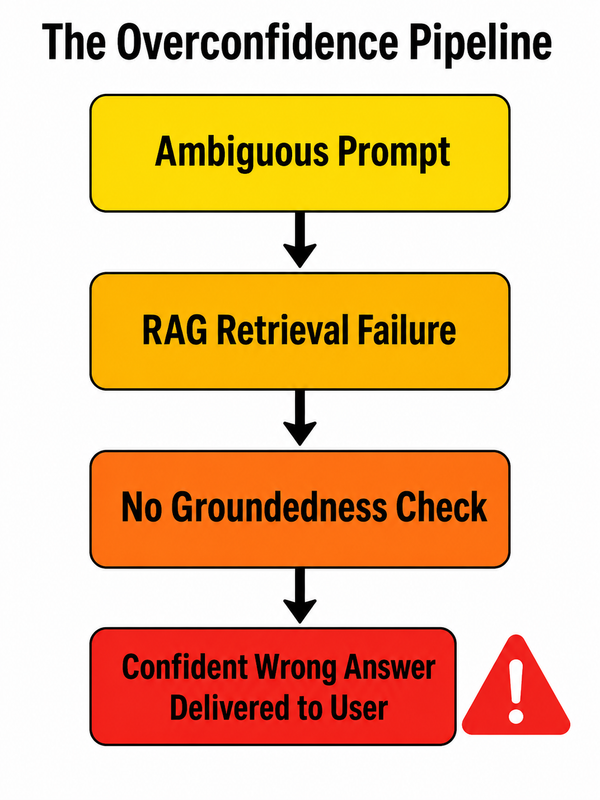 AI agent overconfident hallucination 3-layer failure stack flowchart diagram
