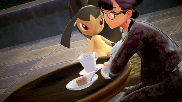 yeah im not gonna write my captions in French, desolée mais je suis tout raplapla. still image from pokemon z-a showing my character dressed in a sleek, expensive suit and seated at a cafe table with her mawhile