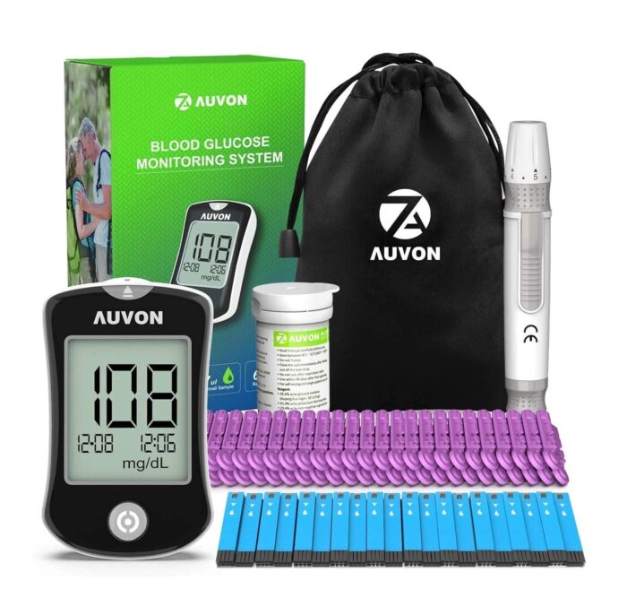 Kit medidor de glucosa AUVON con estuche.