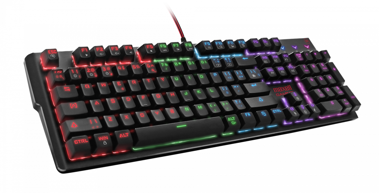 Teclado mecánico para gaming de Maxell con iluminación RGB.