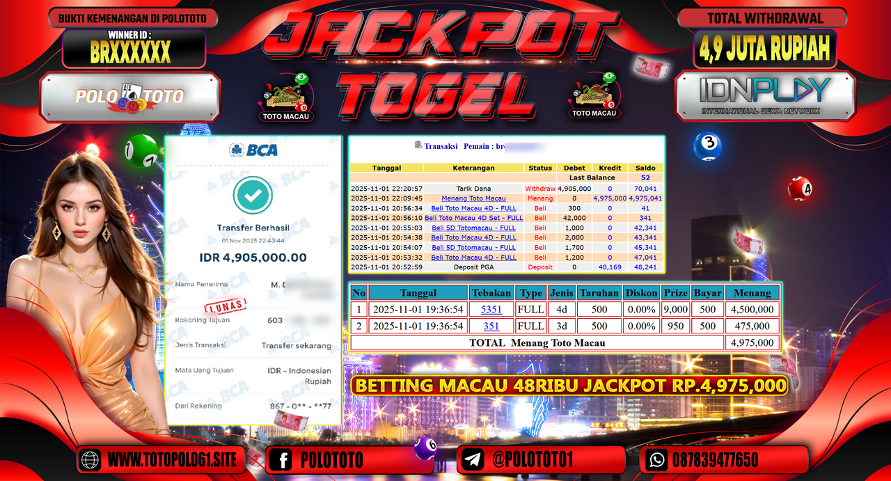 POLOTOTO JACKPOT TOGEL MENANG TOTO MACAU Rp.4.900.000,- LUNAS