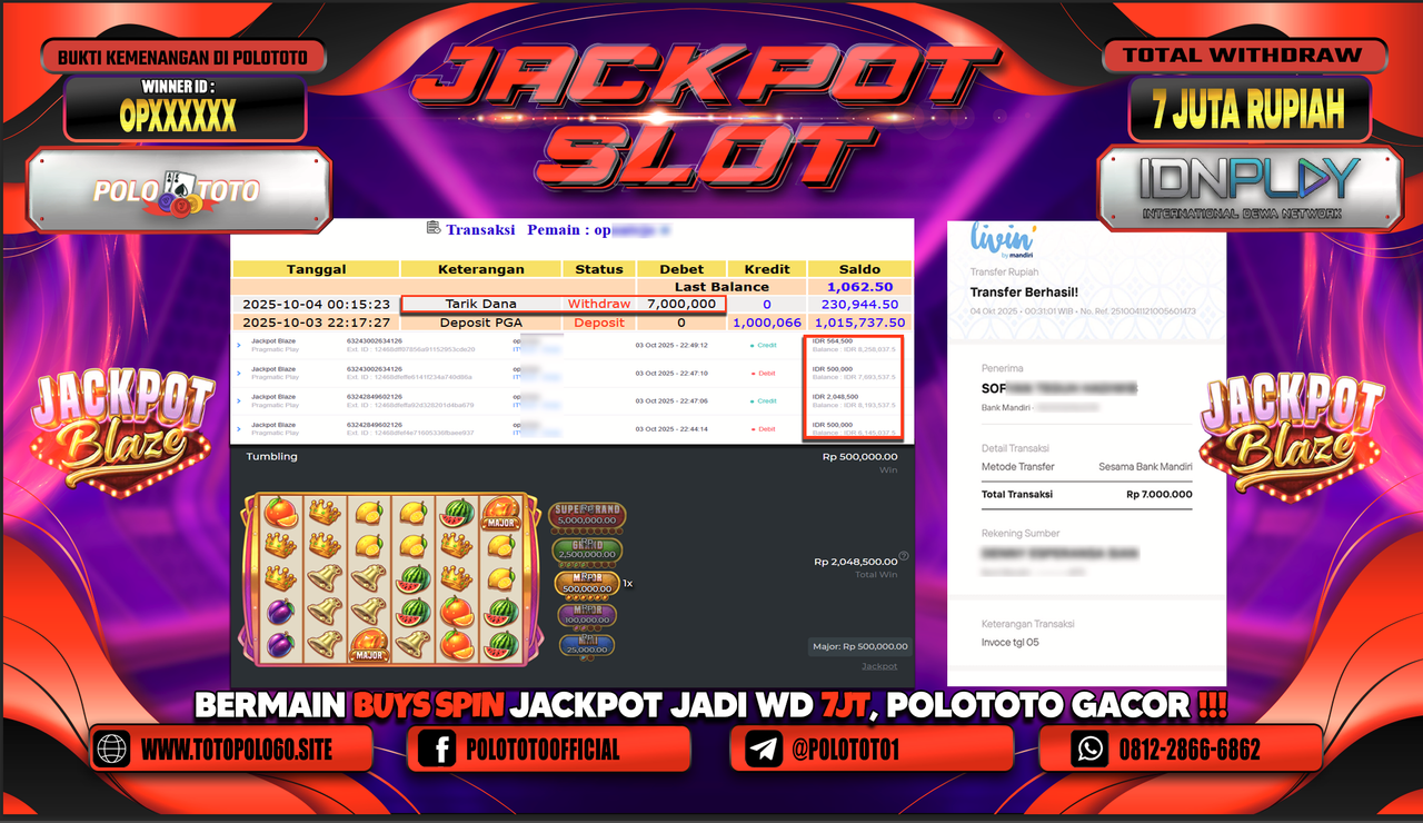 POLOTOTO JACKPOT SLOT JACKPOT BLAZE Rp.7.000.000,- LUNAS