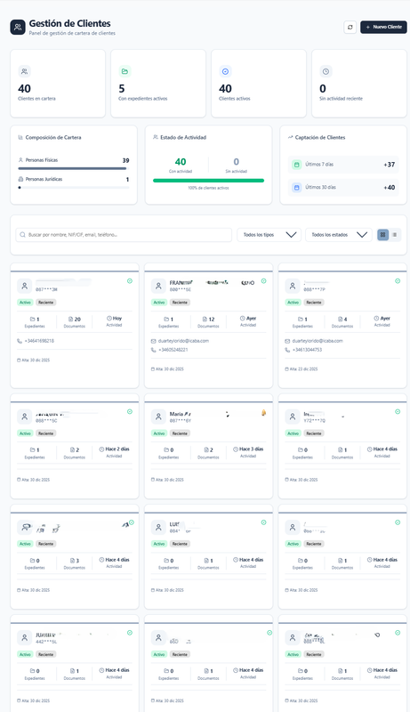 LexFlow - Panel principal de gestión de clientes con vista unificada