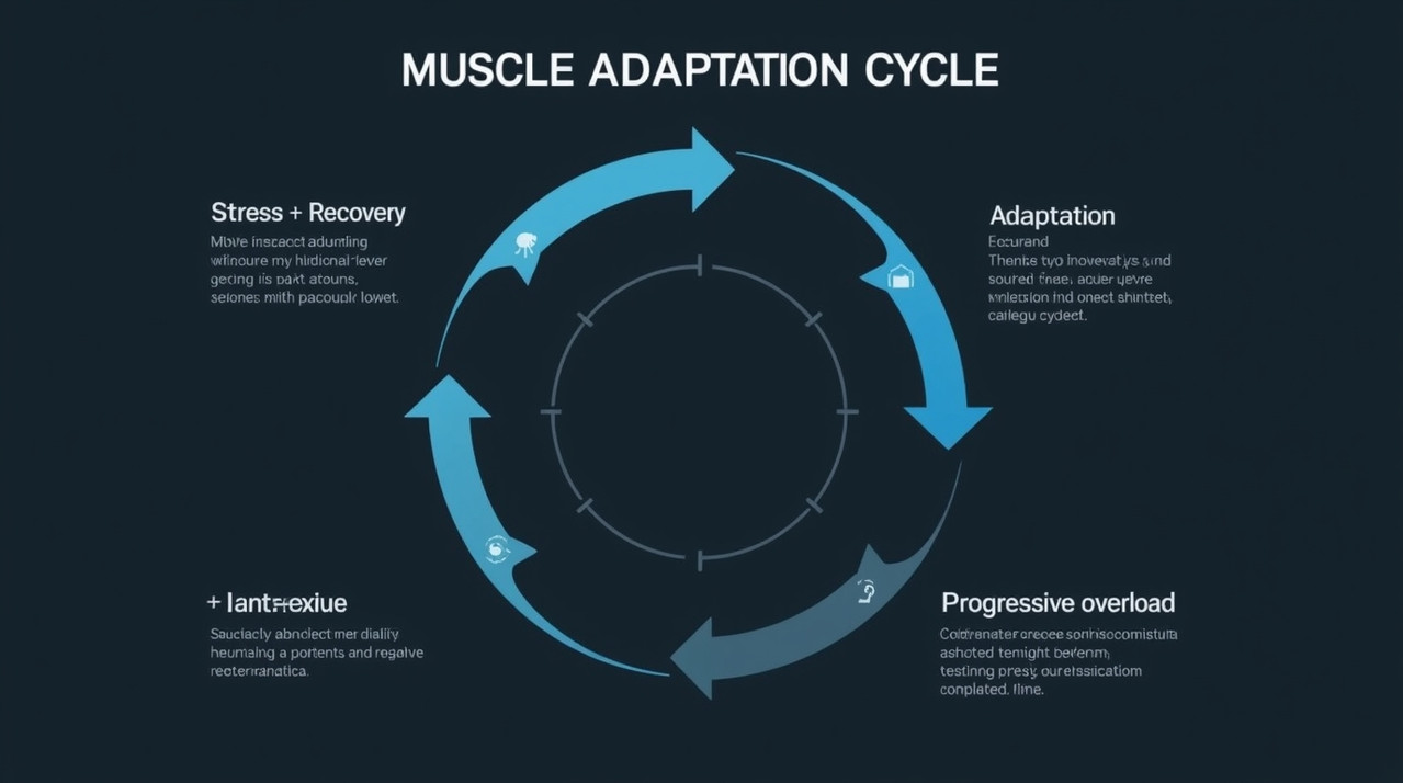 Muscle adaptation cycle diagram showing progressive overload stress recovery and growth phases