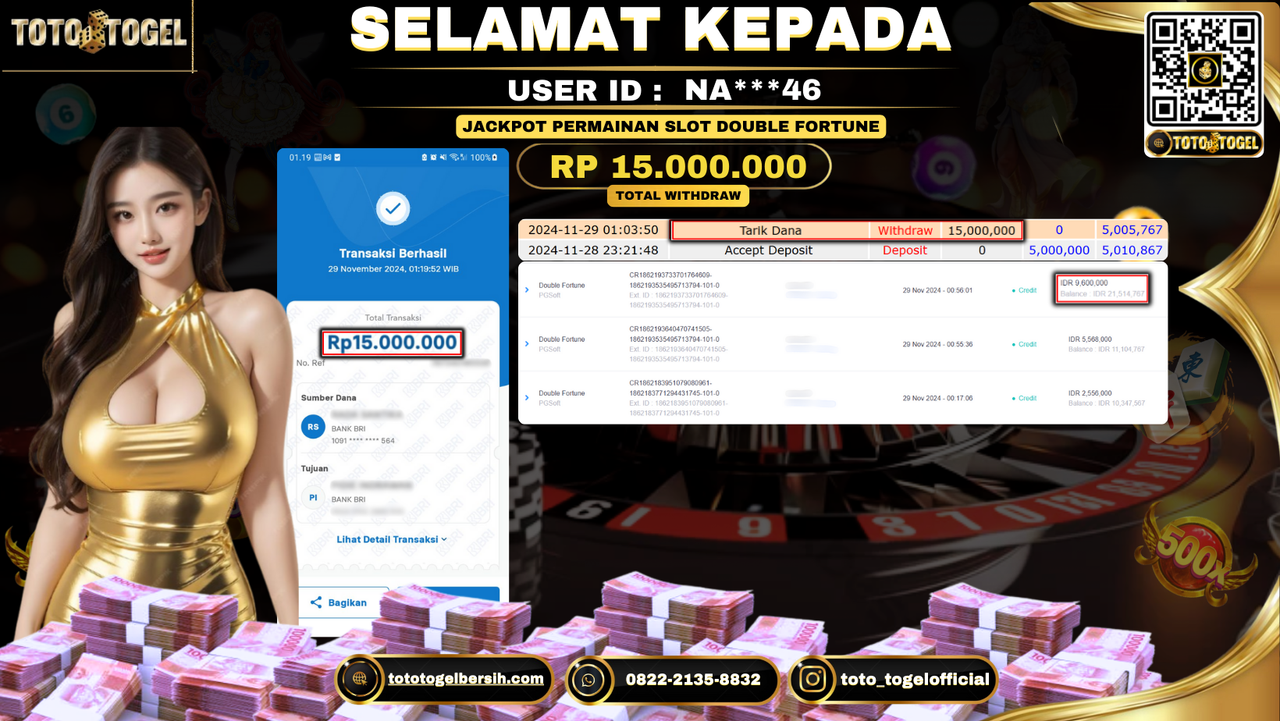 Bukti Pembayaran Jackpot Permainan Slot DoubleFortune ID: NA***46 LUNAS 