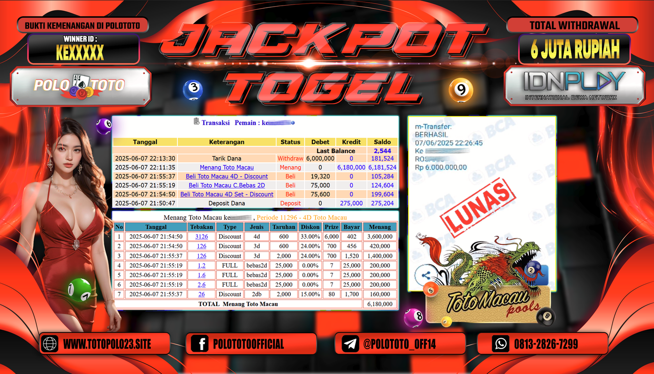 POLOTOTO JACKPOT TOGEL TOTO MACAU Rp.6.000.000,-