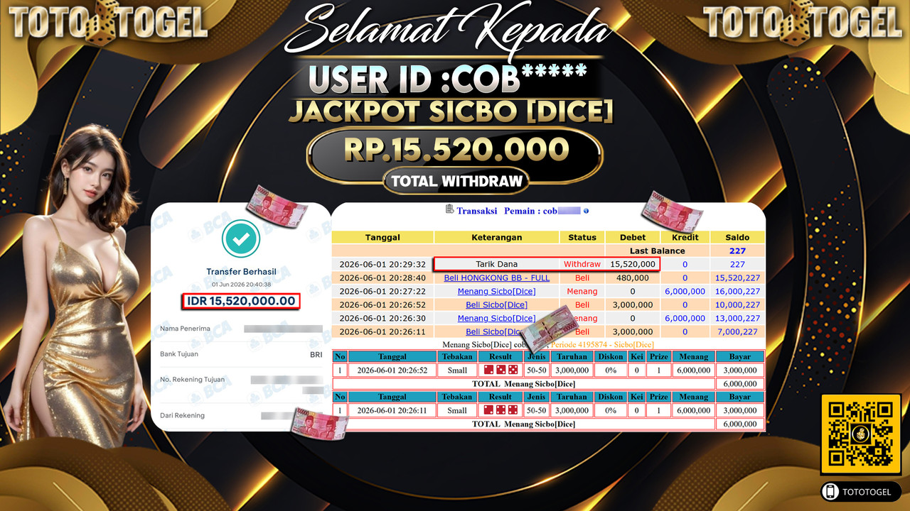 Bukti Pembayaran Jackpot Permainan Live Game Sicbo [Dice] ID:COB*****LUNAS