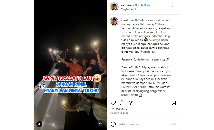 Momen Sandiaga Uno saat kapalnya tersesat dan meminta tolong sembari menyanyikan lagu Coldplay.