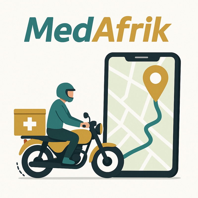 A person holding a smartphone displaying the MedAfrik app.