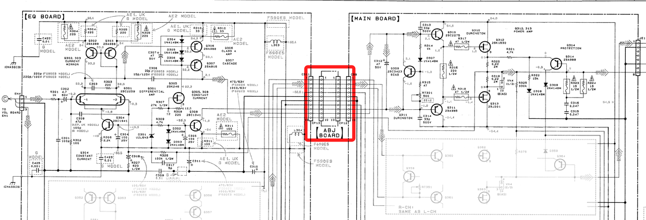 Sony TA F590ES TA F690ES schematic detail left power amp connecting ABJ board marked