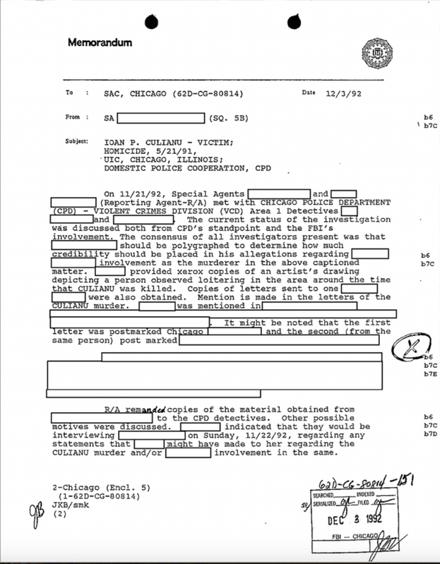 A page from the FBI file, heavily redacted