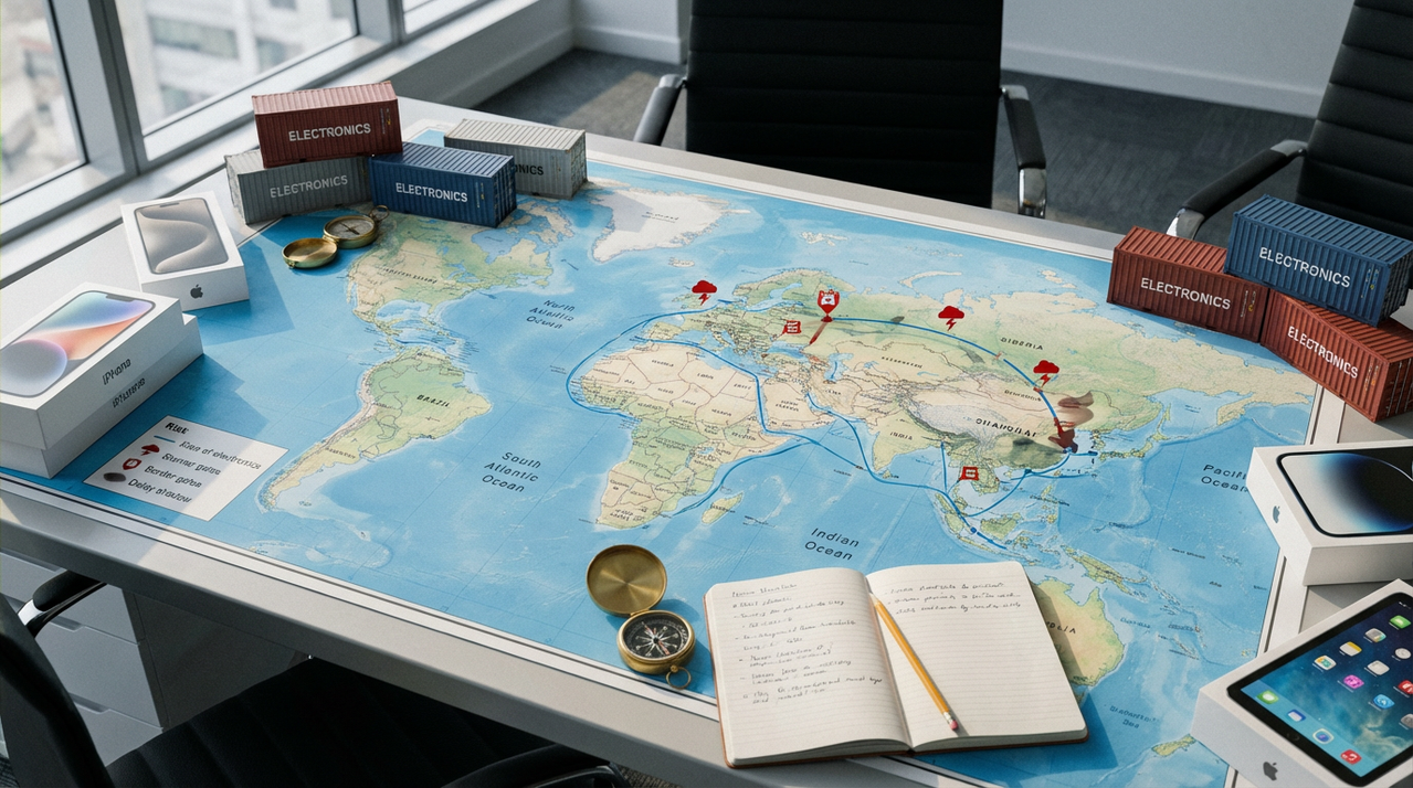 Схема логистических маршрутов электроники из Китая в Россию с рисками