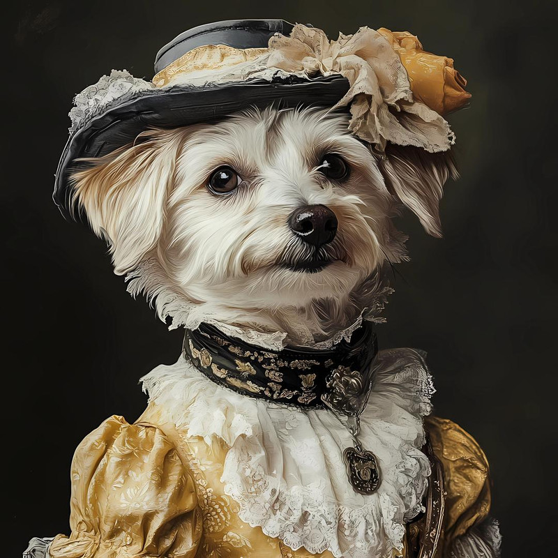 a small white dog dressed in a vintage inspired yellow outfit