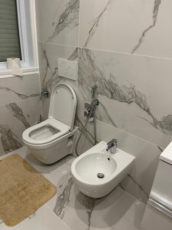 WC suspendu et bidet dans salle d'eau en marbre