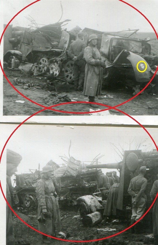 WW II 2x Foto Zerstörte Flak Geschütz mit Zugmas