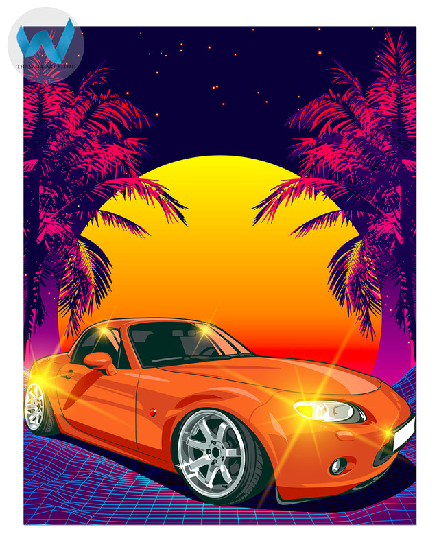 Tropical Sunset Car Poster Orange Sports Car Palm Trees 12X16