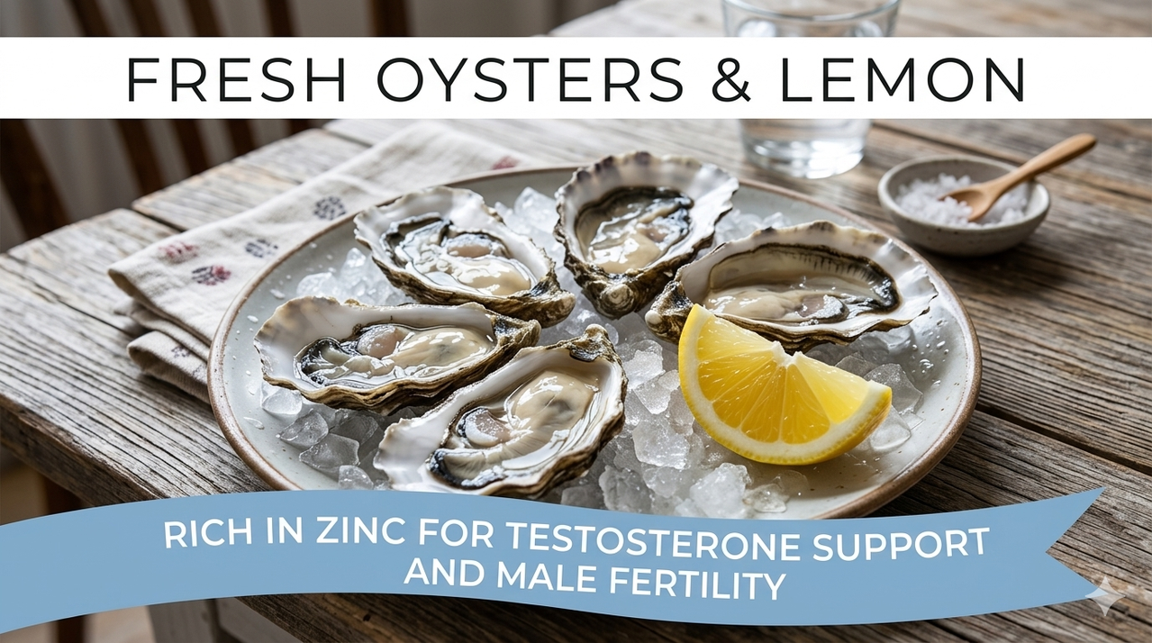 Fresh oysters on plate with lemon wedge and parsley, rich in zinc for testosterone support male fertility and hormone health