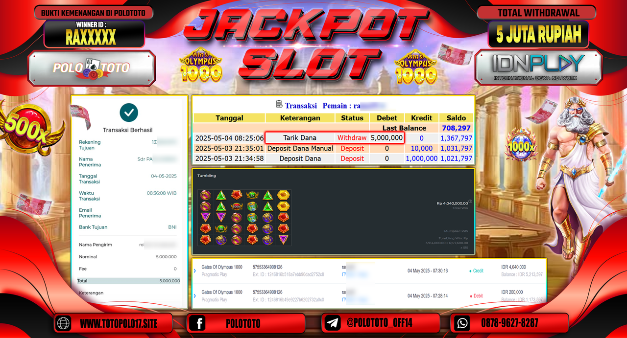 POLOTOTO JACKPOT SLOT GATES OF OLYMPUS 1000 Rp.5.000.000,-