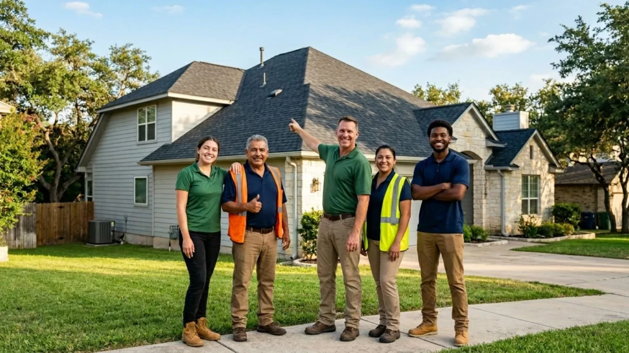 Local Austin roofing crew standing in front of a completed roof replacement