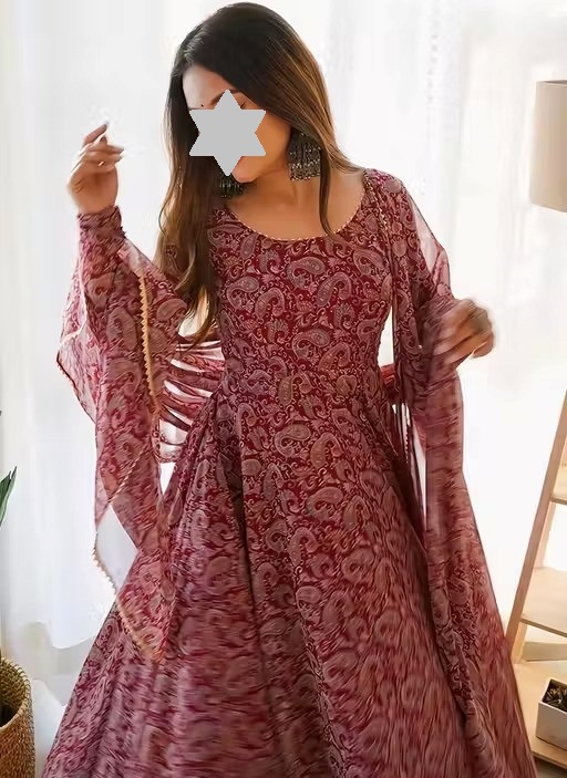 Maroon Jaipuri Printed Anarkali Kurti for Women | Flared Ethnic Long Gown Style Kurta with Dupatta l Maroon Round Neck Printed Kurti | Flared Gown Style Anarkali Kurta with Sleeves l Aagyeyi Ensemble Women Kurta Sets Color 1 (KS153)