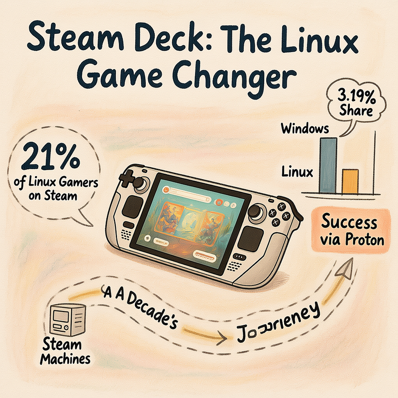 Steam Deck handheld gaming device showing Linux-based gaming success