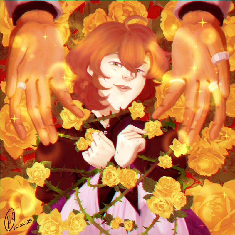 An illustration of Yumeno Gentaro (Hypnosis Mic) wrapped up in yellow roses and rose vines, the thorns digging into his skin and marked with blood. Hifumi's hands flank him, palms upright, lights of various shapes released from him hands. With hooded eyes, Gentaro wears a smirk.