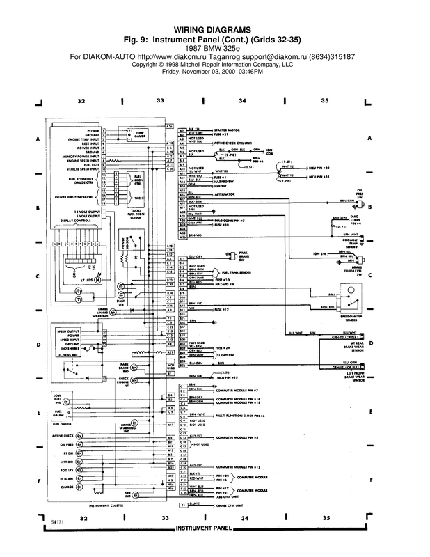 BMW 325e 1987 Wiring Diagrams # 9 - Underdash and Instrument Panel   grids 32-35