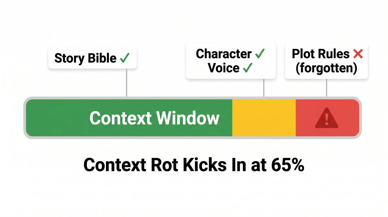 Claude story quality degrades long conversation — context window fill progress bar showing degradation at 65% and 80%