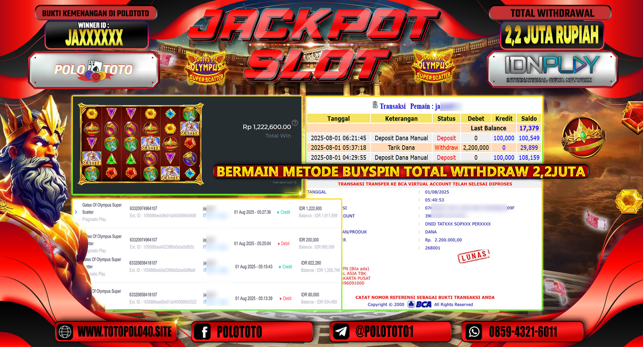 POLOTOTO JACKPOT SLOT GATES OF OLYMPUS SUPER SCATTER Rp.2.200.000,-LUNAS