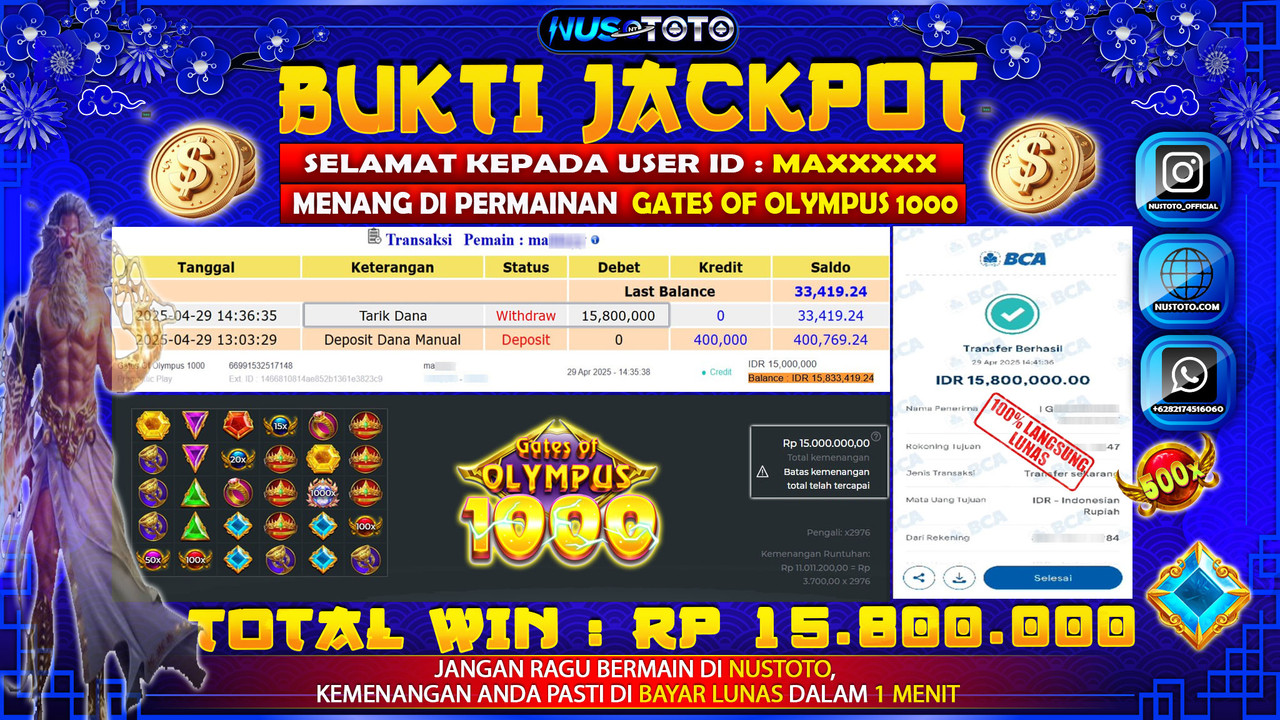 JACKPOT !! MENANG BESAR DI SLOT GATES OF OLYMPUS 1000 Rp. 15.800.000 LANGSUNG DI BAYAR LUNAS NUSTOTO !!