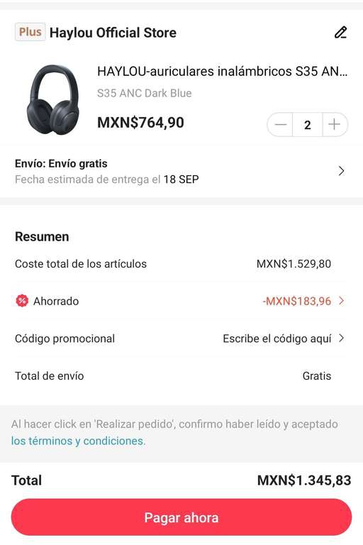 2 Audífonos Haylou s35 ANC desde el wuen AliExpress ($629.44 c/u) 
