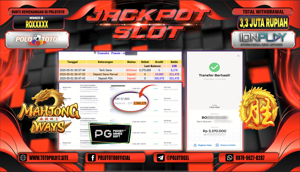POLOTOTO JACKPOT SLOT MAHJONG WAYS Rp.3.370.000,-