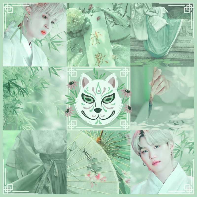 Mood board of 9 images, overall vibe is green, bamboo and historical. In the center is a graphic of a white tiger and there are pictures of Jimin and Yoongi in the corners.