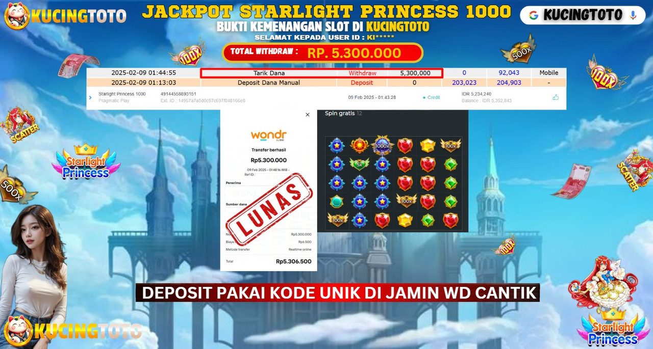 KUCINGTOTO JACKPOT SLOT STARLIGHT PRINCESS 1000 RP.5.300.000.,- LUNAS