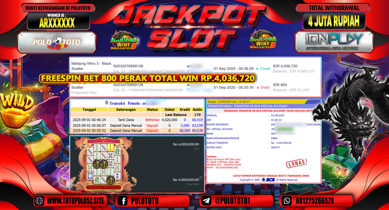 POLOTOTO JACKPOT SLOT MAHJONG WINS 3-BLACK SCATTER Rp.4.020.000,-