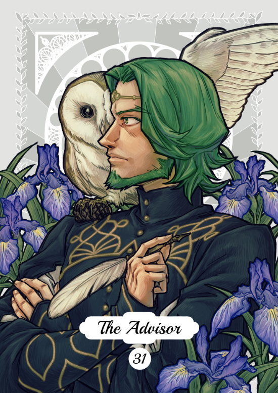 Seteth from Fire Emblem: Three Houses looking to the left while crossing his arms over his chest. He is holding a quill in his right hand. A barn owl is on his right shoulder, looking at the audience with its left wing extended and a pinecone in its claw. Surrounding him are blue irises.